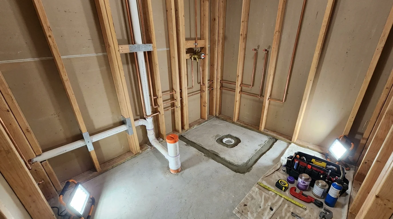 Bathroom rough-in plumbing during remodel by Johns Plumbing LLC in Siletz