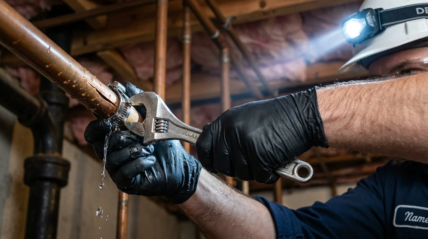 Emergency pipe clamp repair being performed by a Johns Plumbing LLC plumber in Siletz