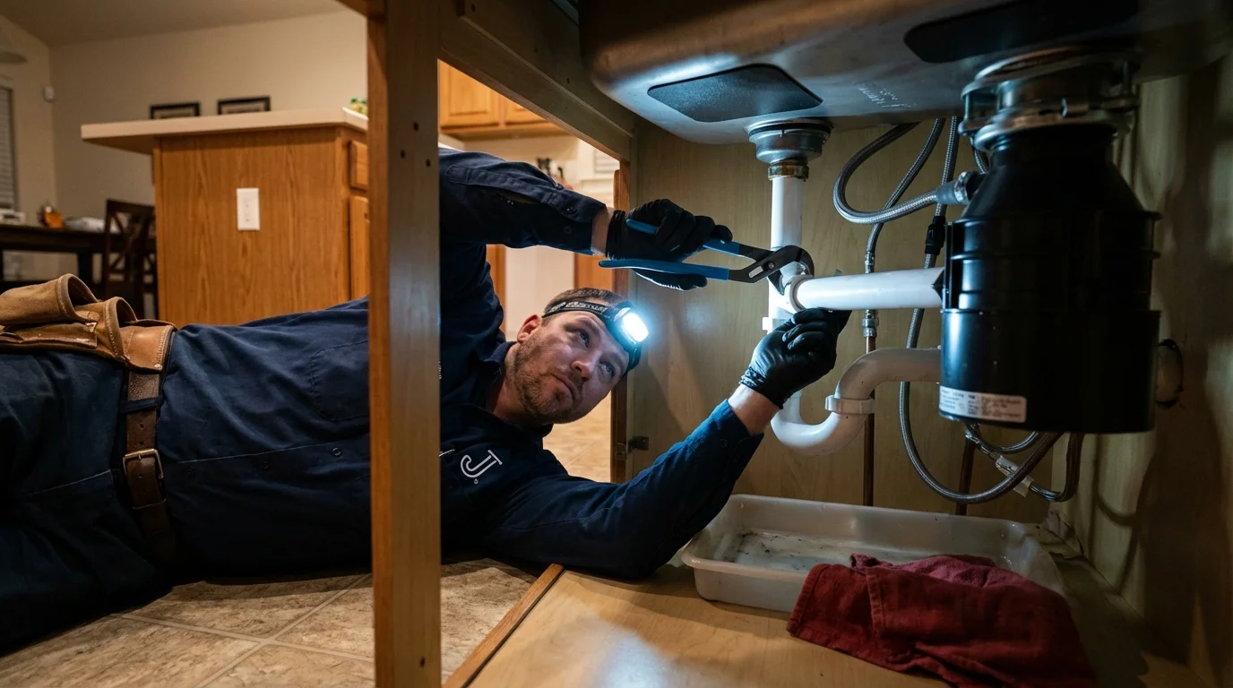 P-trap and supply line connections under a kitchen sink showing a common leak point in Siletz, OR